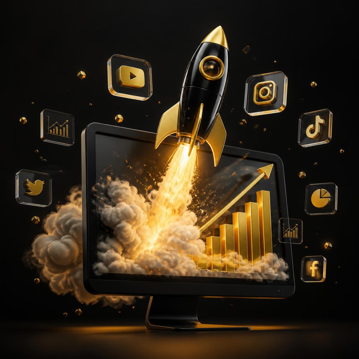 3D illustration of a rocket launching from a monitor with a rising growth chart